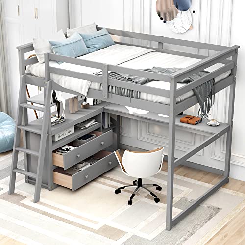 Harper & Bright Designs Twin Size Loft Bed with Wardrobe, Desk and Multiple Storage Shelves, Solid Wood Loft Bed Frame with Bookshelf