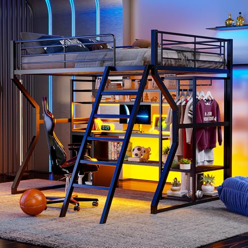 Loft Bed with Desk Queen Size, Gaming Loft Bed with LED Light for Adults, Heavy-duty Loft Beds Frame with Stairs & Wardrobe & Storage Shelves