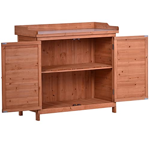 Merax 66" Large Outdoor Farmhouse Wooden Potting Bench Table, Garden Workstation with 2 Drawers, Cabinet, and Open Shelves for Backyard, Mudroom