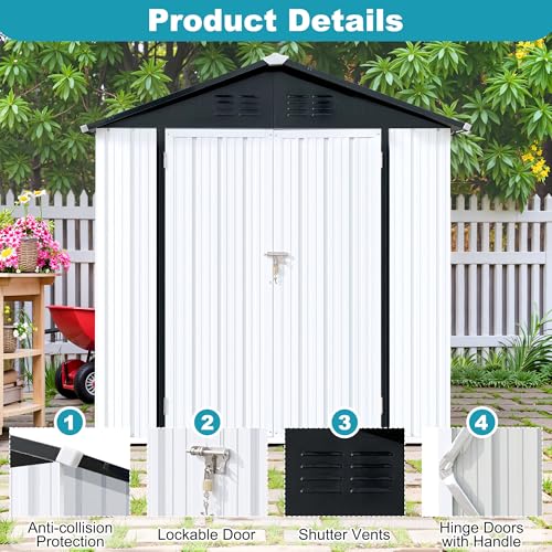8x6 FT Outdoor Storage Shed, Metal Tool Shed with Lockable Doors, Peaked Roof & Frame Floor