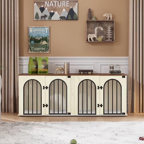 71" Dog Crate Furniture for 2 Dogs, Heavy Duty Indoor Dog Kennel TV Stand, XXL Wooden Dog Cage with Divider for Medium Large Dogs