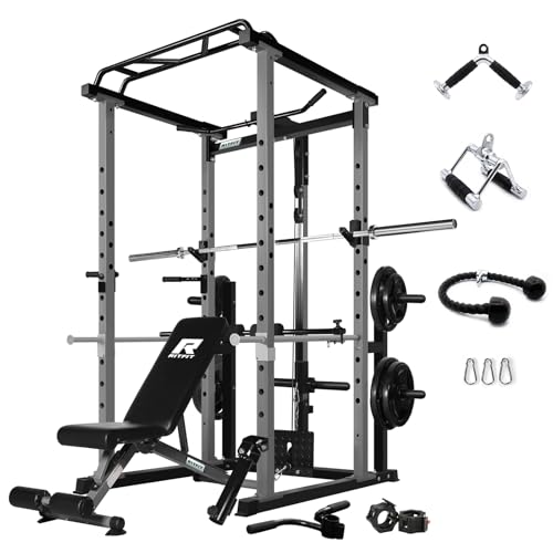 RitFit Power Cage with Optional LAT PullDown/Cable Crossover/Smith Machine System, 1000LB Squat Rack for Home & Garage Gym