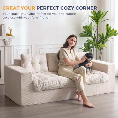 MAXYOYO 3 Seater Couch for Living Room, Boneless Couch with Tufted Cushion & Backrest, Upholstered Floor Sofa with Armrests, Sofa in A Box