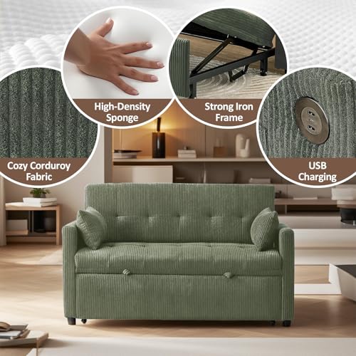 Sofa Bed, Loveseat 3-in-1 Sleeper Sofa with Pull Out Bed, Pockets and USB