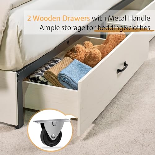 VanAcc Full Size Bed Frame, Wooden Platform Storage Bed with 51.2" Bookcase Headboard, 2 Drawers