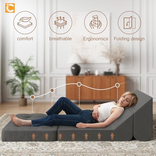 COMAX Folding Sofa Bed, Convertible Chair Bed Corduroy 3-in-1 Foldable Floor Couch with High-Density Foam, Futon Sofa Sleeper Mattress