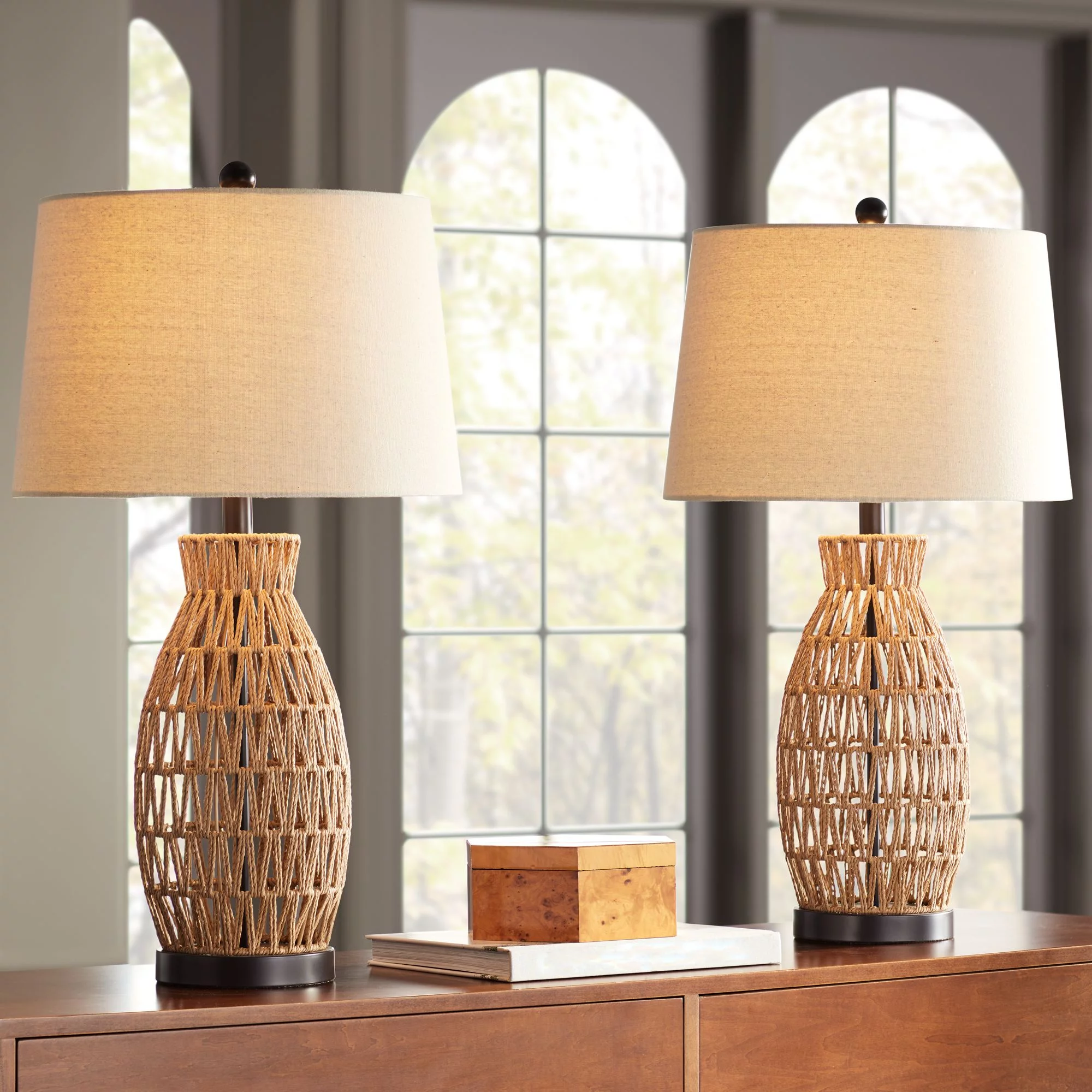 360 Lighting San Carlos Coastal Modern Table Lamps 29" Tall Set of 2 Natural Rattan Wicker Oatmeal Fabric Drum Shade for Bedroom Living Room Bedside