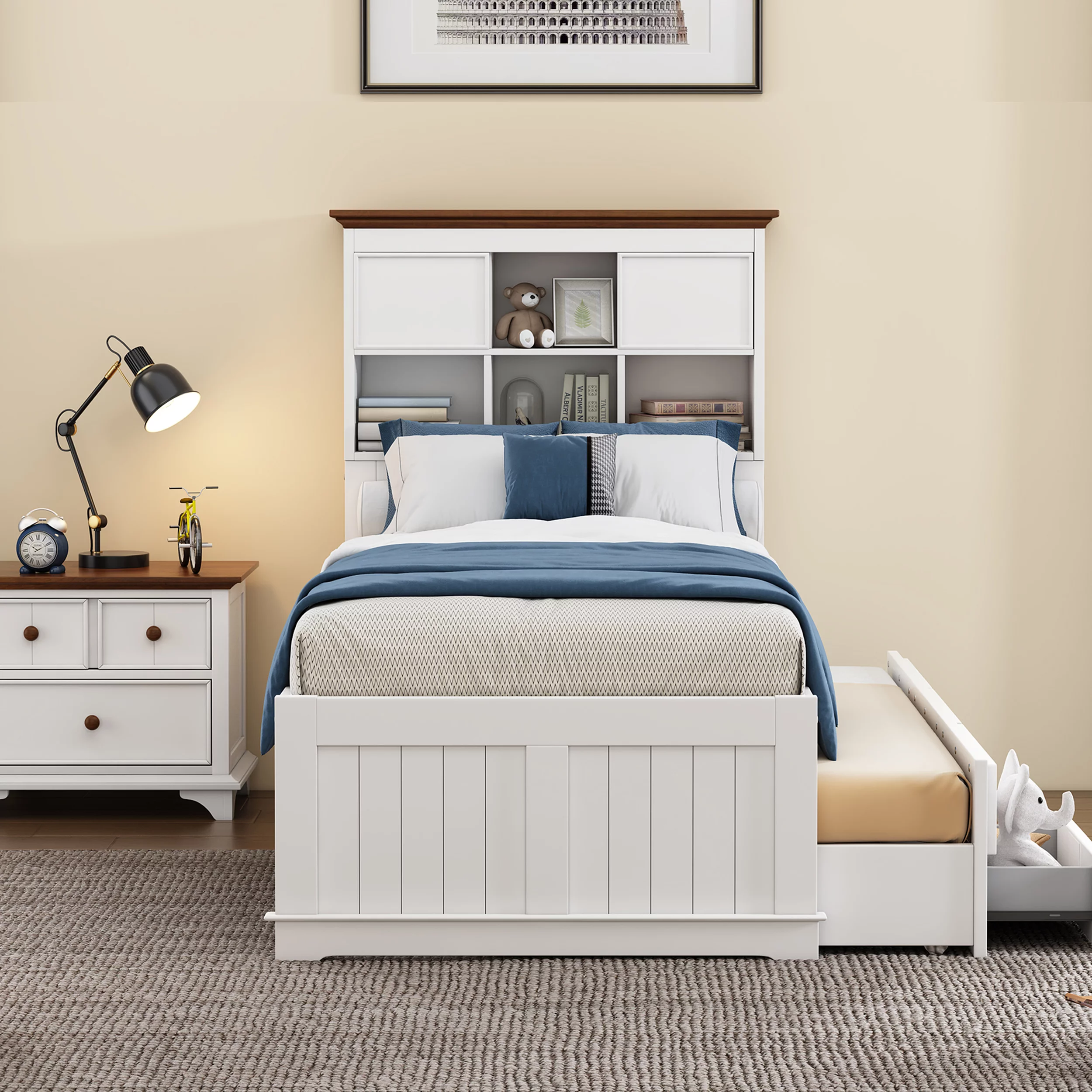 Royard Oaktree Solid Pine Captain Bed with Trundle and Bookcase Wood Platform Bed Frame with 3 Spacious Under Bed Drawers in Casual, Twin