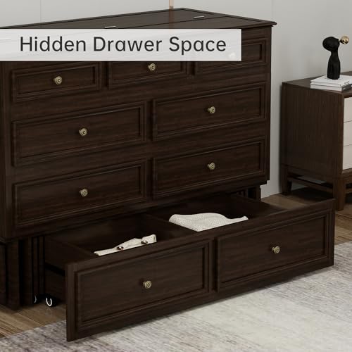 Murphy Bed Cabinet Full, Solid Wood Murphy Bed with 2 USB & 2 Charging Ports, Large Storage Drawer for Home Office or Small Space