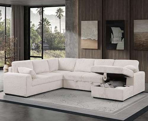 L-Shaped Pull Out Sleep Sofabed,Modern Reversible Sleeper Sectional Sofa Chenille Upholstered Button Tufted Decor with Storage Chaise