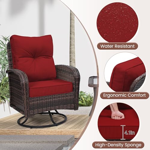 3 Piece Rattan Wicker Bistro Set, Outdoor Conversation Furniture Set with Glass Top Table, Space Saving for Balcony, Backyard, Natural