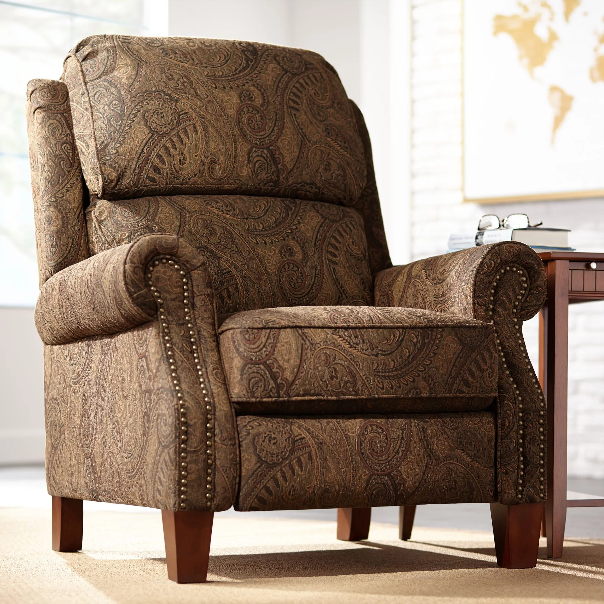 Kensington Hill Beaumont Warm Brown Paisley Patterned Fabric Recliner Chair Comfortable Push Manual Reclining Footrest for Bedroom Living Room Reading