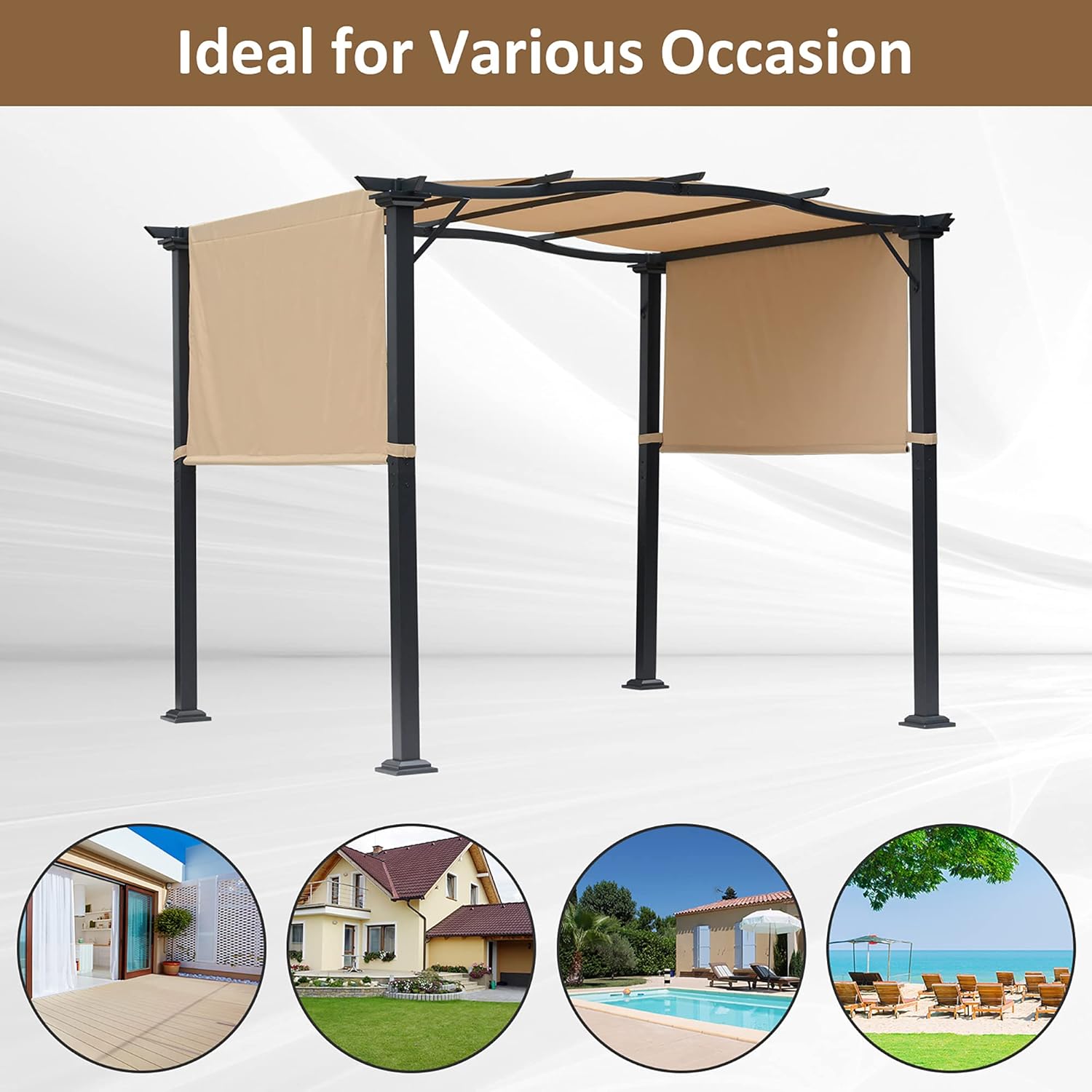 Outsunny 8' x 10' Retractable Pergola Canopy Steel Frame Polyester Fabric Gazebo with Retractable Canopy Shade Awning