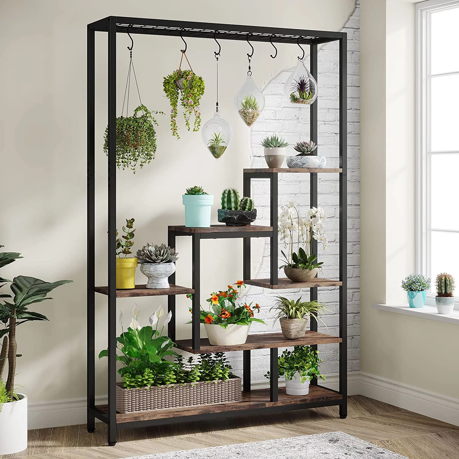 Tribesigns 5-Tier Tall Indoor Plant Stand, 70.9 inches Metal Large Plant Shelf with 10PC S Hanging Hooks