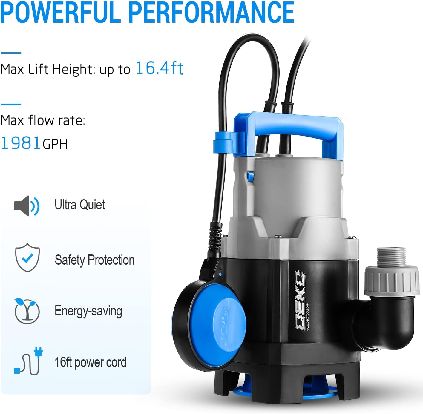 DEKOPRO 400W 1/2HP Sump Pump 1981GPH Submersible Pump Clean/Dirty Water Pump Swimming Pool Garden Tub Pond Flood Drain w/Float Switch and Long 16ft