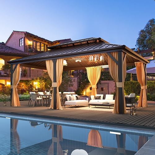 MELLCOM 10'x13' Hardtop Gazebo with Polycarbonate Double Roof, Aluminum Frame Outdoor Gazebo Permanent Pavilion with Curtains and Netting for Patio