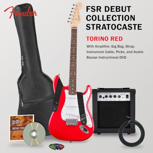 Fender Squier Stratocaster - Torino Red Bundle with Amplifier, Gig Bag, Strap, Instrument Cable, Picks, and Austin Bazaar Instructional DVD