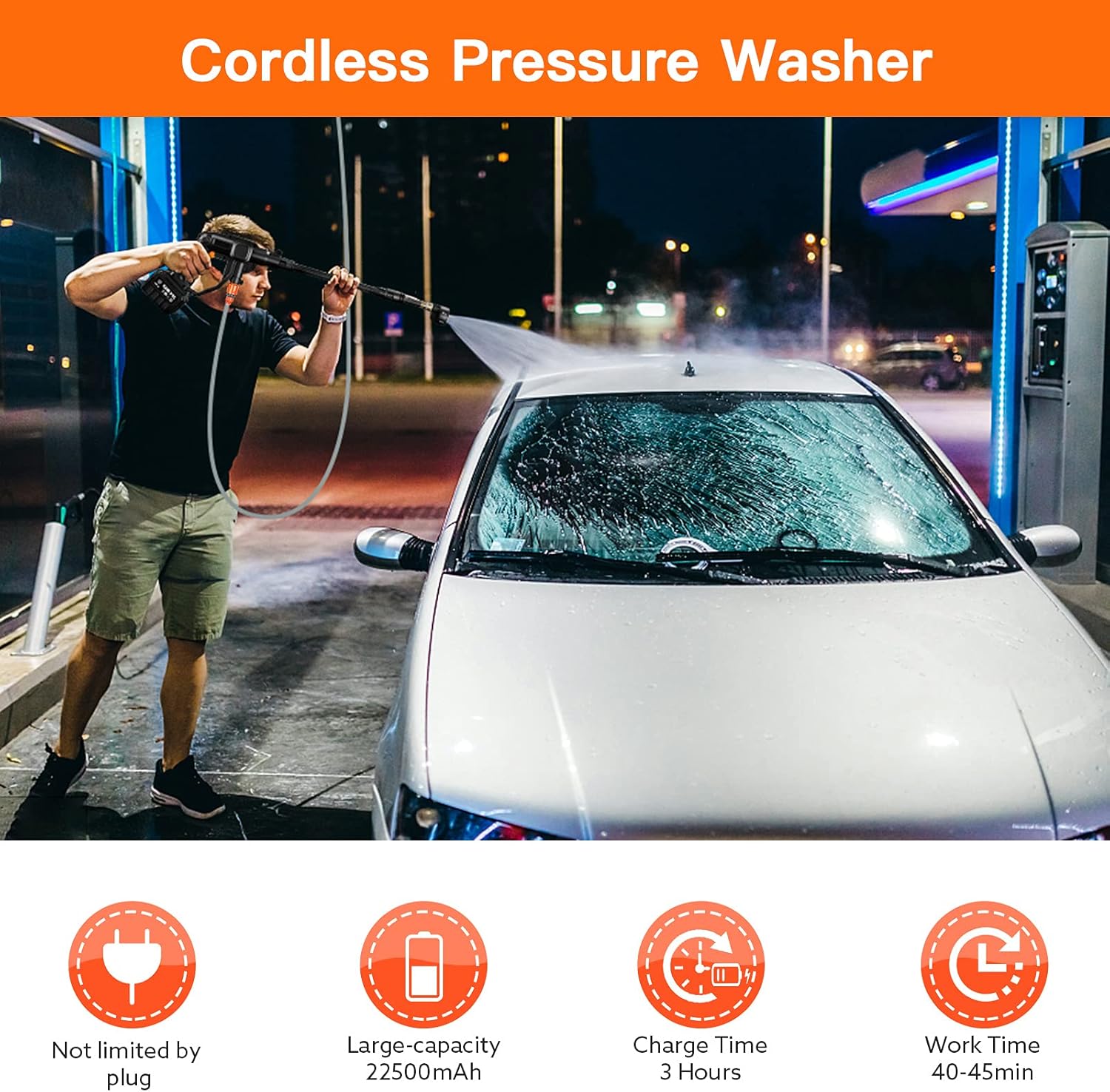 Cordless Power Washer, Portable Cordless Pressure Washer with 5-in-1 Spray Nozzle, 2.25Ah Battery, Max 507PSI / 1.08GPM for Washing Cars/Fences/Siding