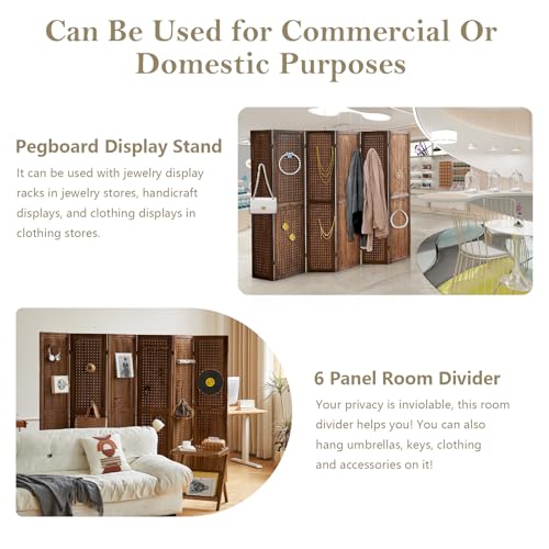 4 Panel Room Dividers and Folding Privacy Screens, 5.6Ft Wooden Pegboard Display, Privacy Dividers for Bedroom