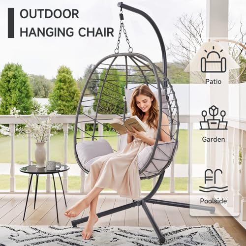 Hanging Egg Chair with Stand, Outdoor Indoor Egg Swing Chair with Cushion Headrest, Wicker Rattan Egg Chair with Dual Chains