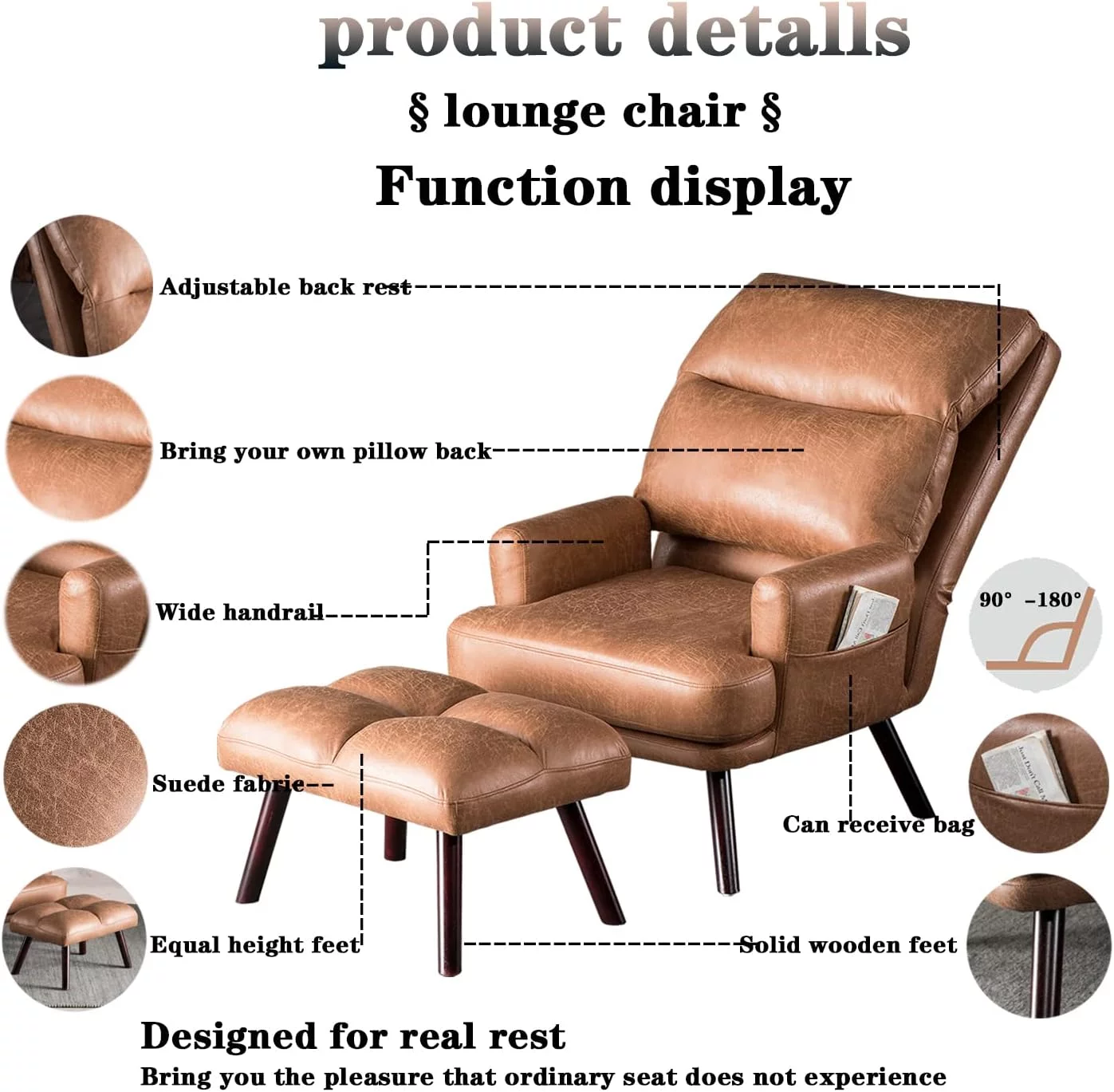 HOOOWOOO Accent Chair with Ottoman Set,Wood Leg Adjustable Lounge Chair and Ottoman with Side Bags(Faux Suede Fabric,Light Brown)
