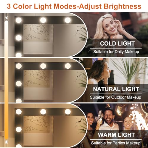 Vanity Desk with Large Mirror and Lights, Glass Top Makeup Vanity with Lights & Power Outlet for Bedroom, 3 Color Lighting Modes