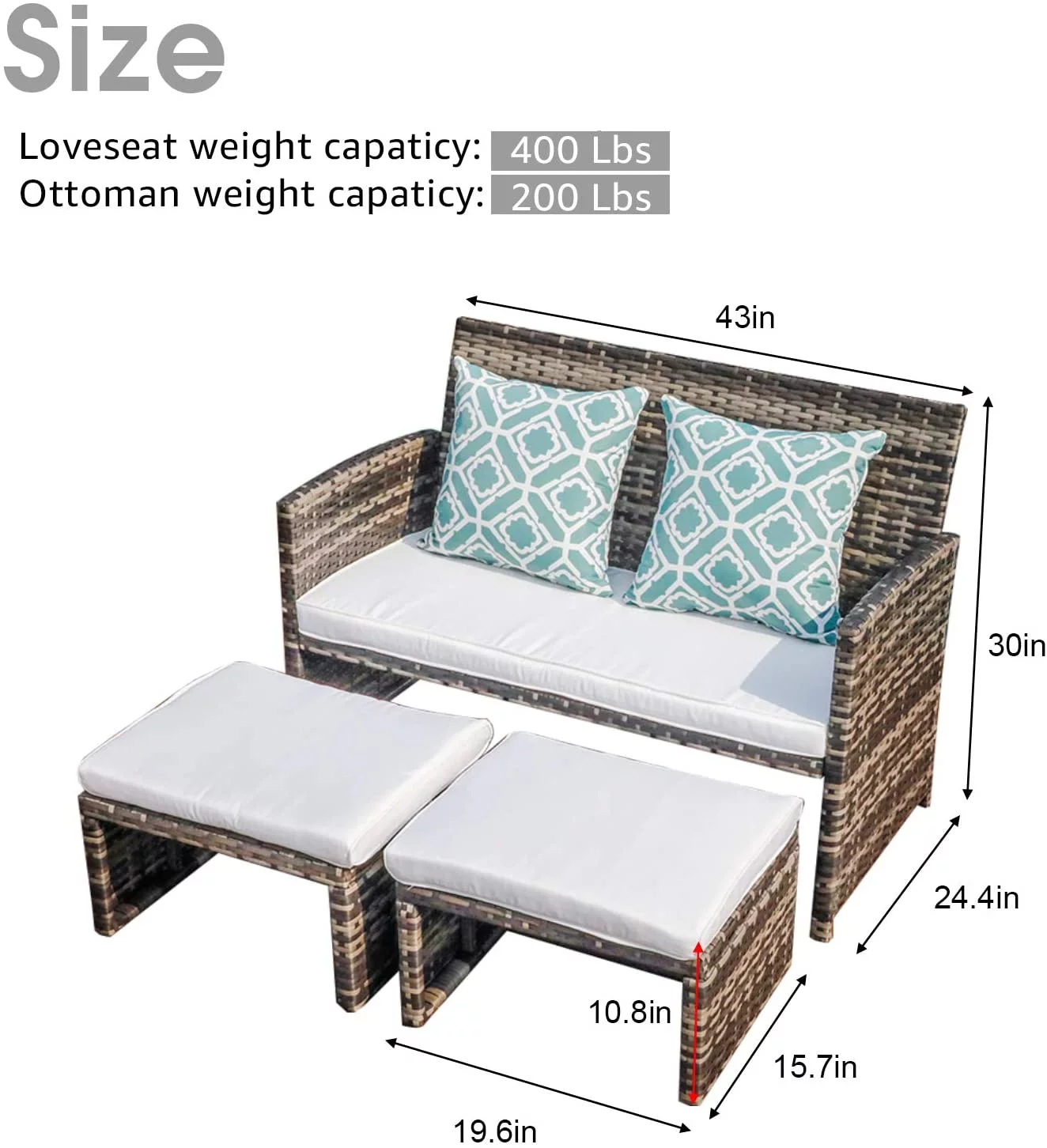 Outdoor Loveseat Patio Furniture Rattan Conversation Set with Ottoman, White Cushions, Grey Wicker, Pillows Included