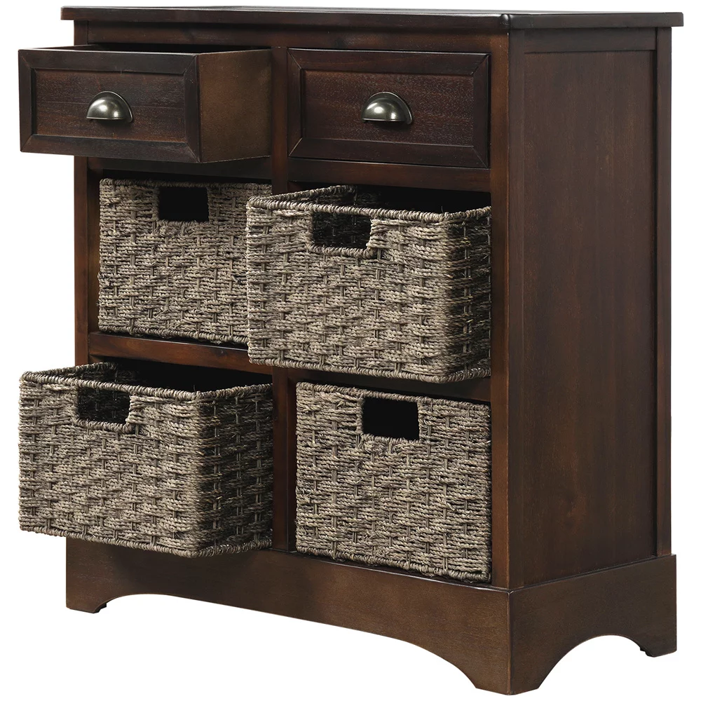 Rustic Storage Cabinet with 2 Drawers and 4 Wicker Baskets, Wood Console Table/Entryway Cabinet/Side Table for Living Room, Dining Room