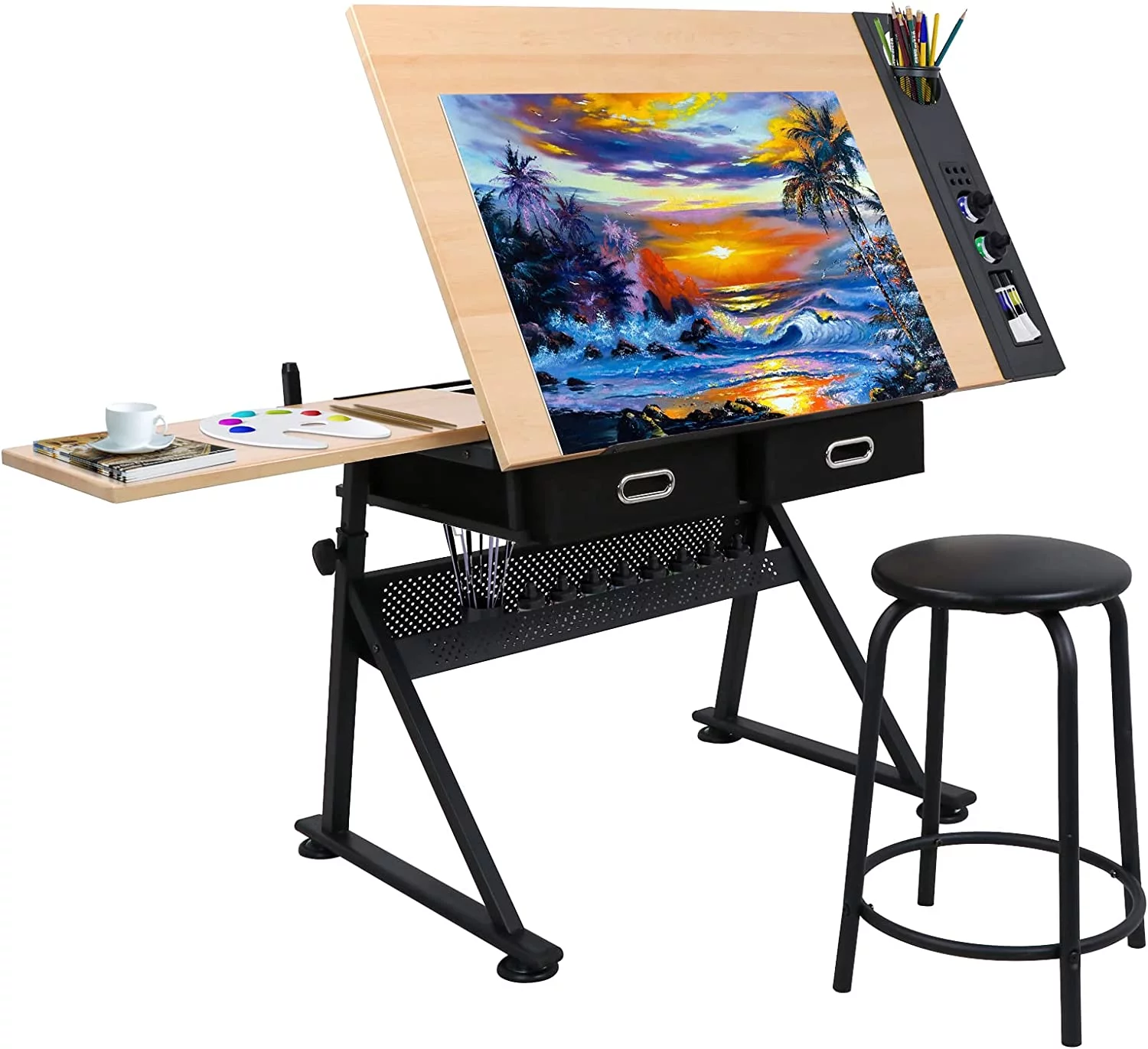 Drafting Table Art Desk Drawing Table Height Adjustable Artist Table Tilted Tabletop w/Drafting Stool and Storage Drawer for Reading, Writing