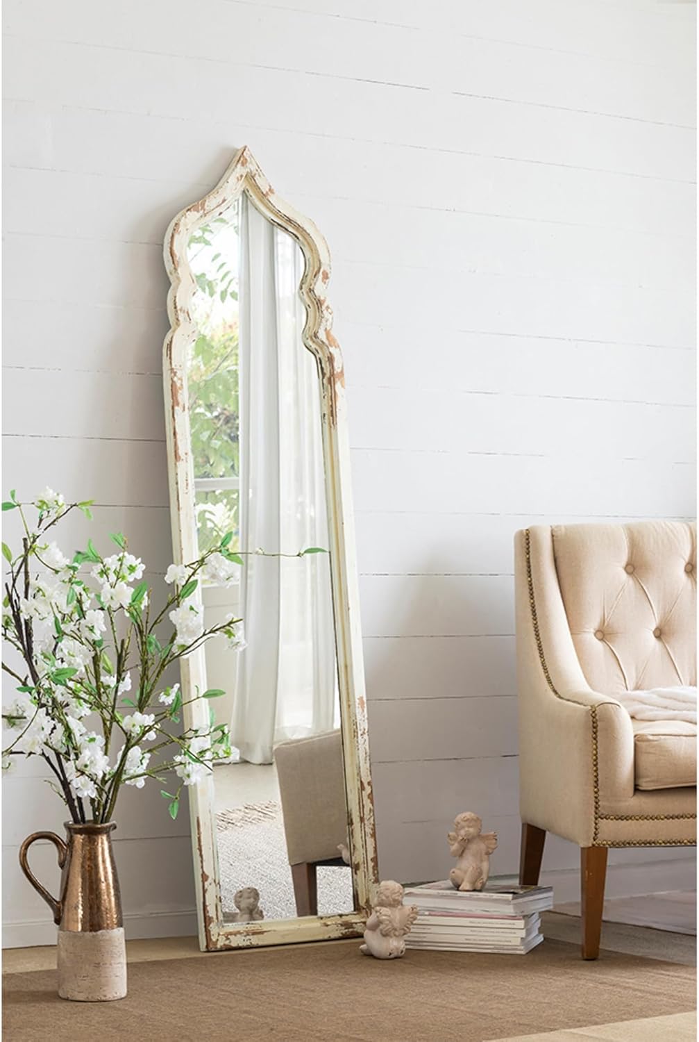 CC Home Furnishings Vintage Weathered White Full Length Floor Mirror - 6'
