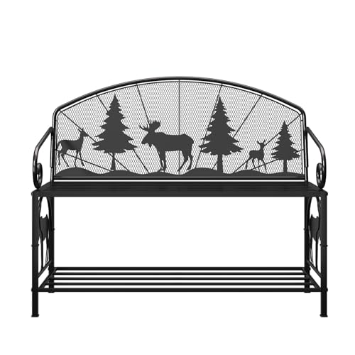 Outdoor Bench, Garden Bench with Backrest and Armrests, Patio Bench with Forest Series Pattern, Anti- Rust Thickened Metal Bench Outdoor for Garden