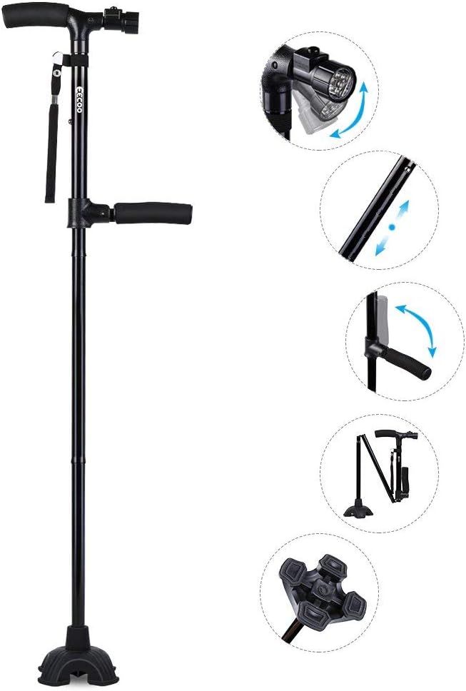 Medical Convenient Two-Handle Walking Cane Lightweight Walking Stick with Adjustable LED Lights and Stable Quad Cane Base Pack of 2