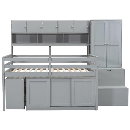 Harper & Bright Designs Full Size Loft Bed with Wardrobe, Wooden Full Loft Bed Frame Big Storage with Under-Bed Desk, Drawers and Shelves, Gray