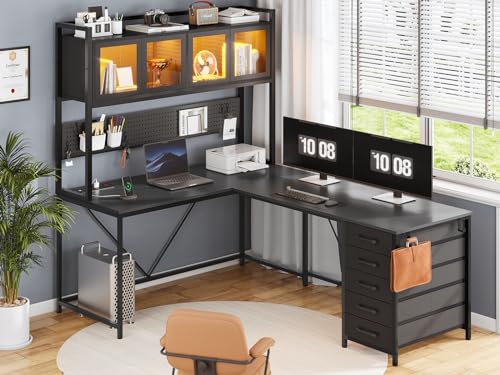 SEDETA L Shaped Gaming Desk with Drawers, L Shaped Computer Desk with Hutch and Storage Shelves, Gaming Desk with Pegboard, Led Lights