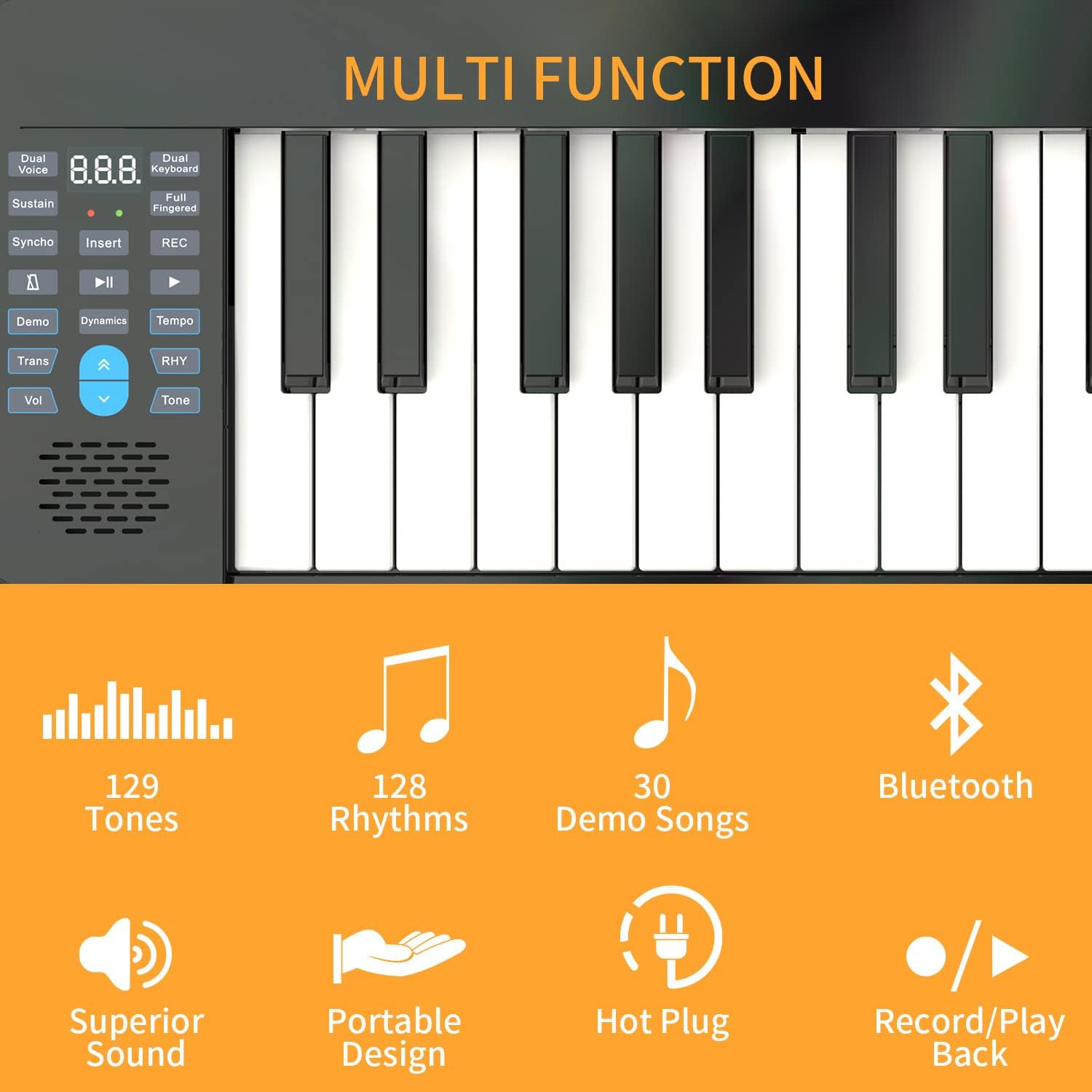 KONIX 61 Keys Keyboard Piano for Beginners, Electric Piano with MIDI Function, Portable Piano with 129 Tones, 128 Rhythms, 30 Demo Songs