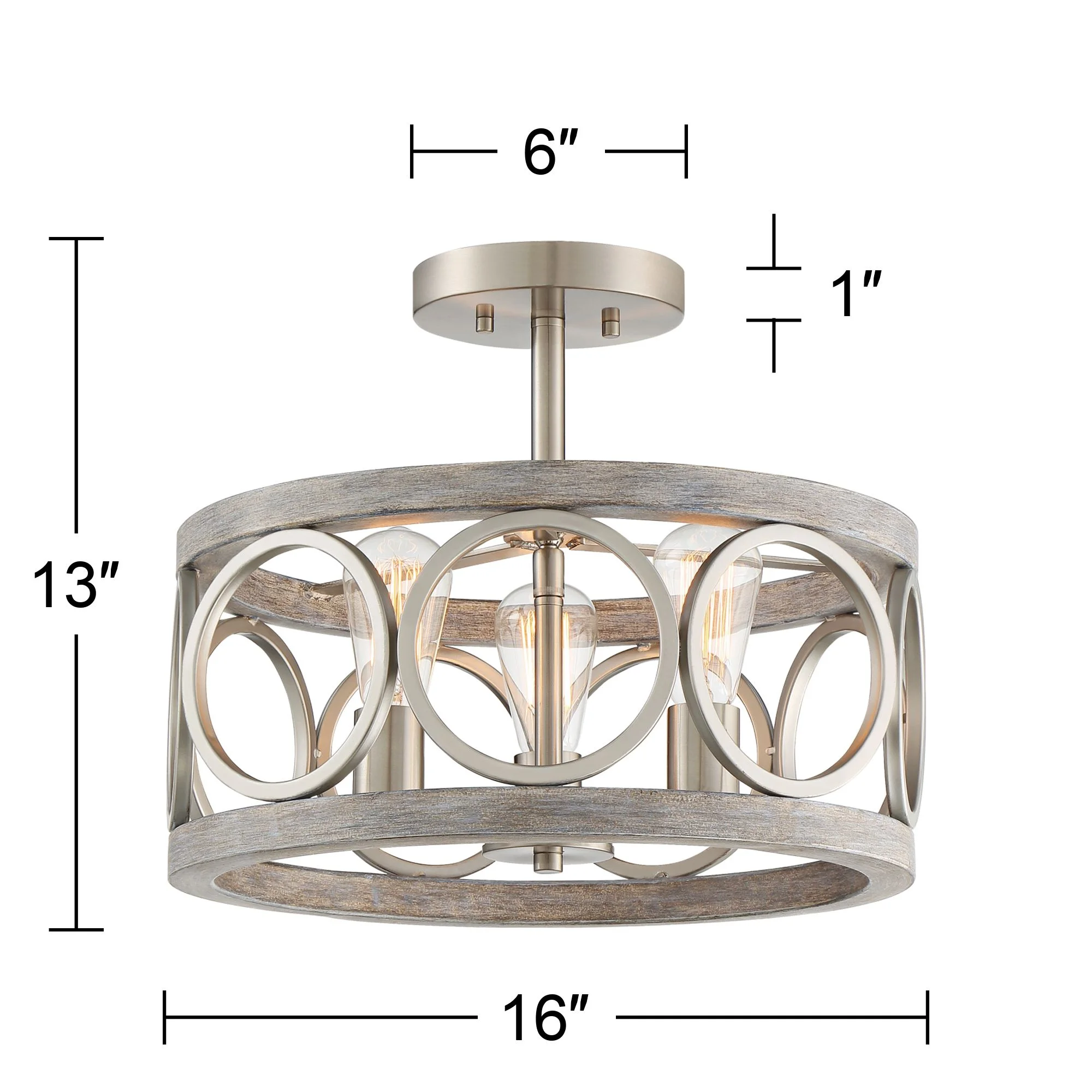 Franklin Iron Works Salima Rustic Farmhouse Ceiling Light Semi Flush Mount 16" Wide Brushed Nickel Gray Wood 3-Light LED for Bedroom Living Room House