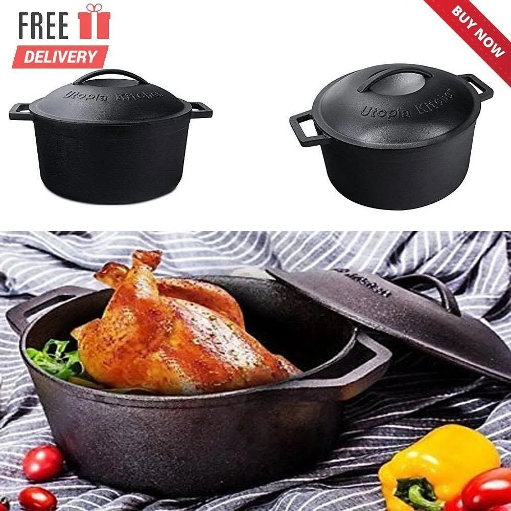 Utopia Kitchen Pre seasoned Cast Iron Dutch Oven with Dual Handle and Cover