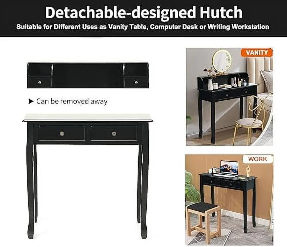 JYHOME Small Writing Desk with Removable Hutch  2-Tier Vanity Table with 4 Drawers  3 Cubbies &amp