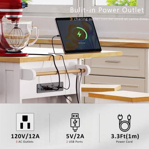 Bellemave Kitchen Island with Storage Cabinet on Wheels, 53.5'' Mobile Kitchen Cart with Power Outlet, Drop Leaf, Spice/Towel Rack and Drawer