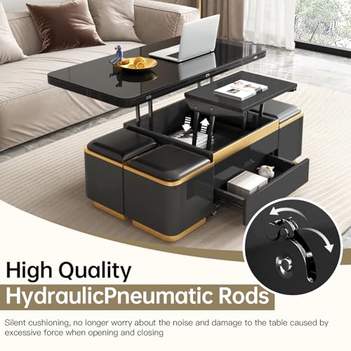 3-in-1 Multi-Functional Coffee Table with Glass Tabletop, Lift Top Center Table with 4 Storage Stools, Expandable Dining Table for Living Room
