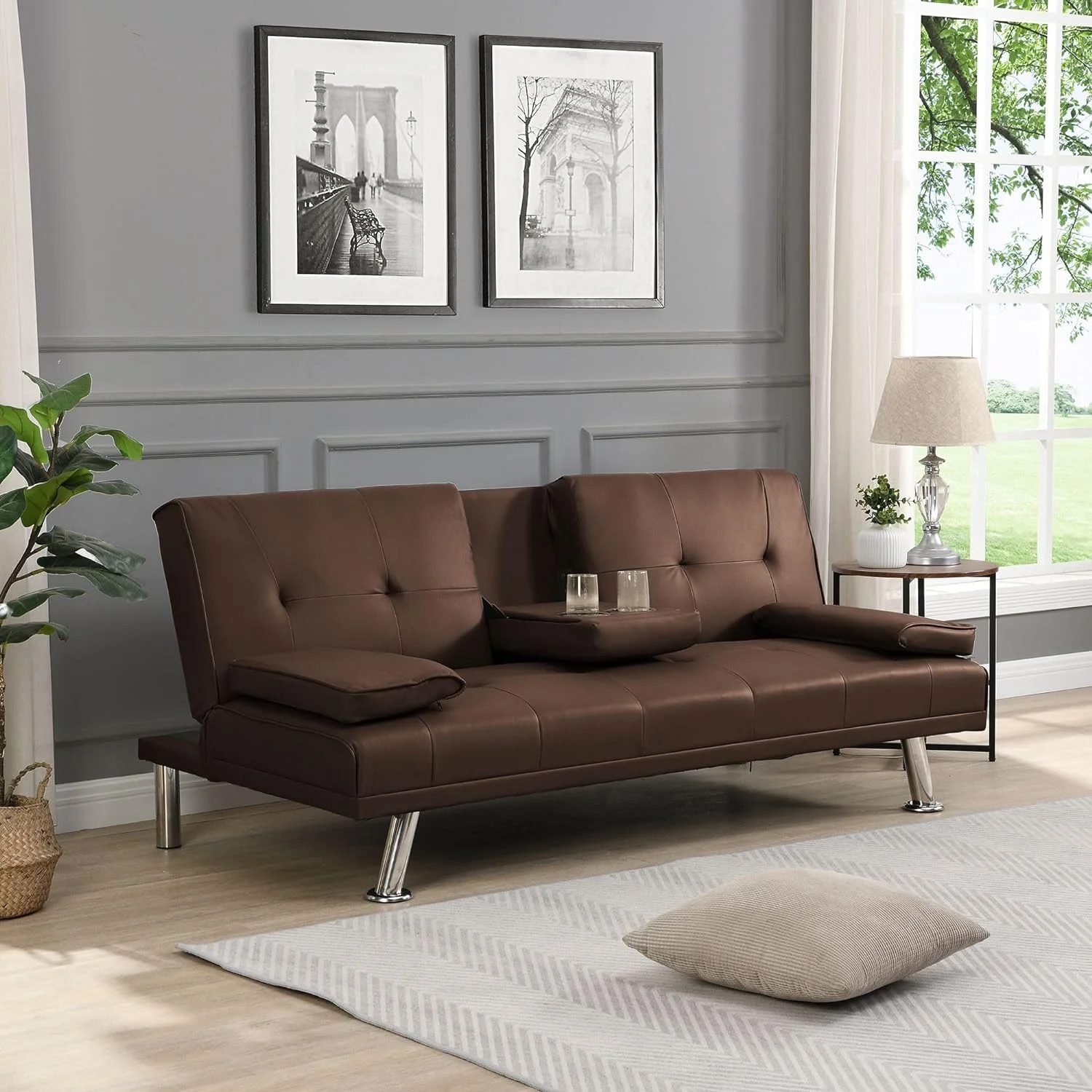 Hbaid Modern Faux Leather Couch Convertible Folding Futon Sofa Bed with 2 Cup Holders, Brown