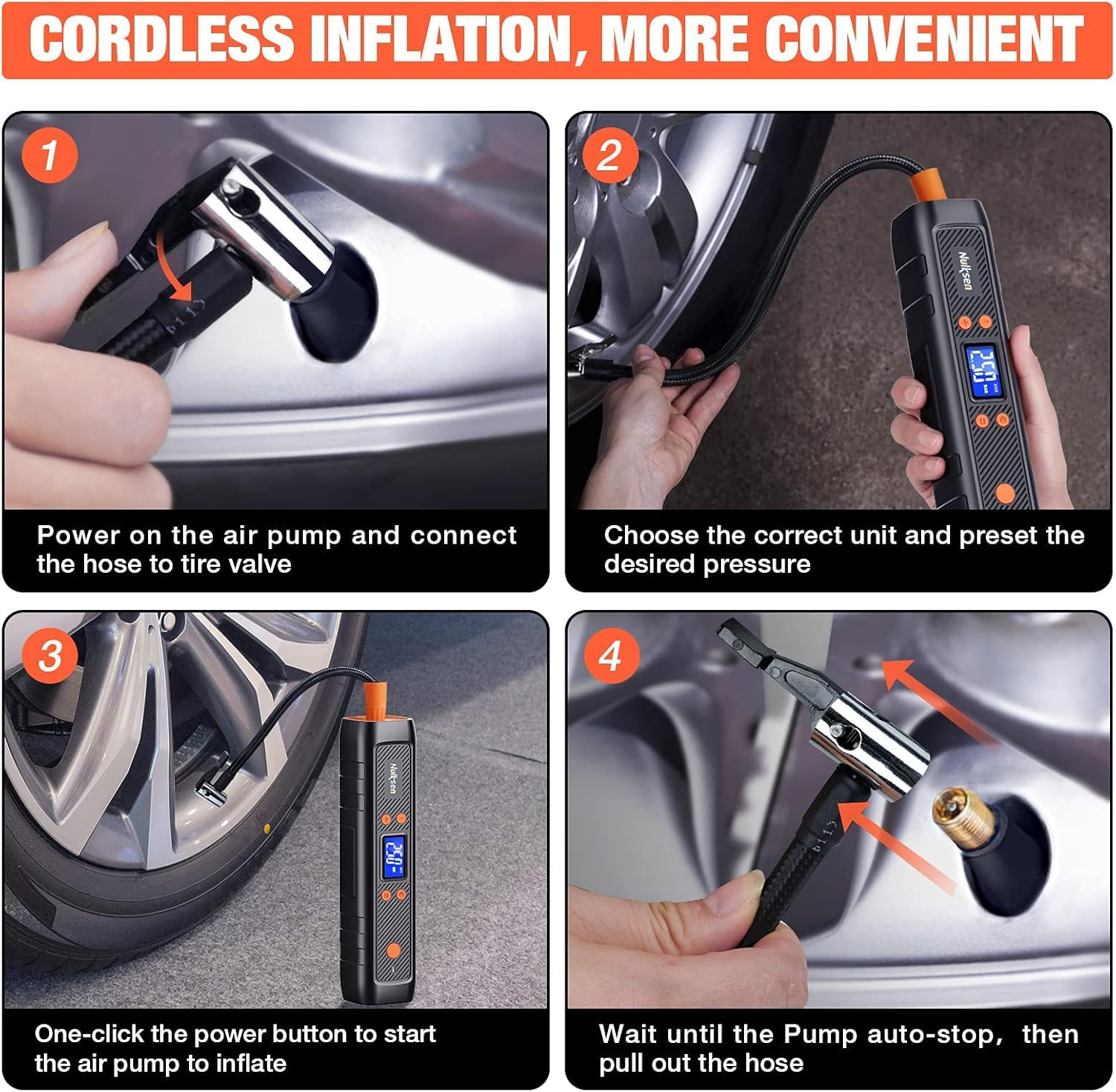 Nulksen Tire Inflator Portable Air Compressor, 150PSI Cordless Tire Pump with 6000 mAh Rechargeable Lithium Battery