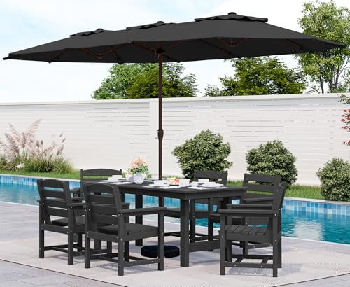 SERWALL Outdoor HDPE Dining Table Set, 7-Piece Outdoor Dining Table Sets with Umbrella Hole Cut-Out Table and 6 Chairs, Gray