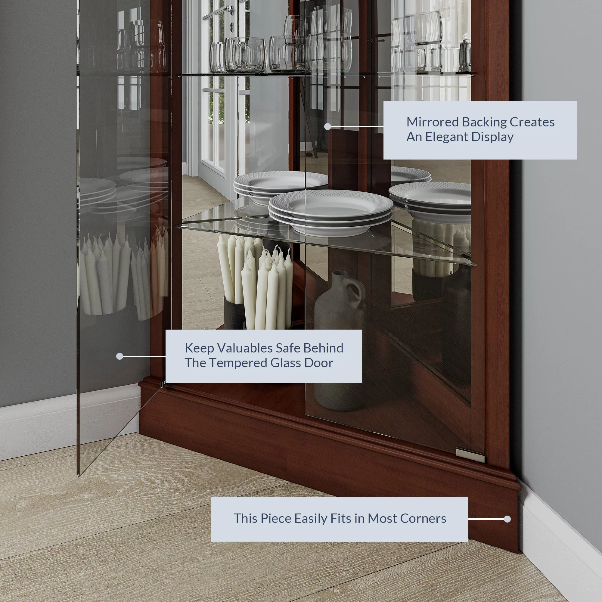 BELLEZE Woody Lighted Corner Curio Cabinet Tempered Glass Door 6 Shelves, Walnut