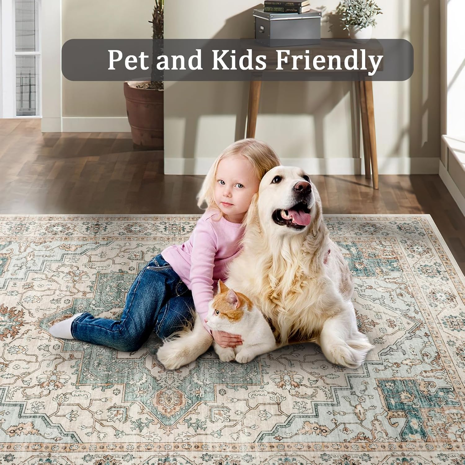 8x10 Area Rug for Living Room, Non Slip Vintage Machine Washable Rug, Foldable Stain Resistant Large Area Rugs for Bedroom