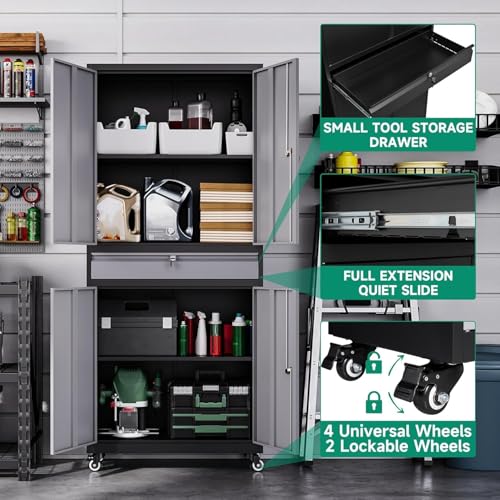 Letaya Metal Garage Storage Cabinet with Drawer,4 Door Tool Cabinet with Lock-2 Adjustable Shelves for Garage Home Office Utility Room (Black)
