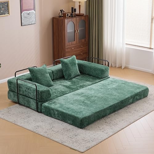Convertible Sleeper Sofa Bed with Cylindrical Pillow, Corduroy Folding Mattress Couch with Fixed-Shape Frame