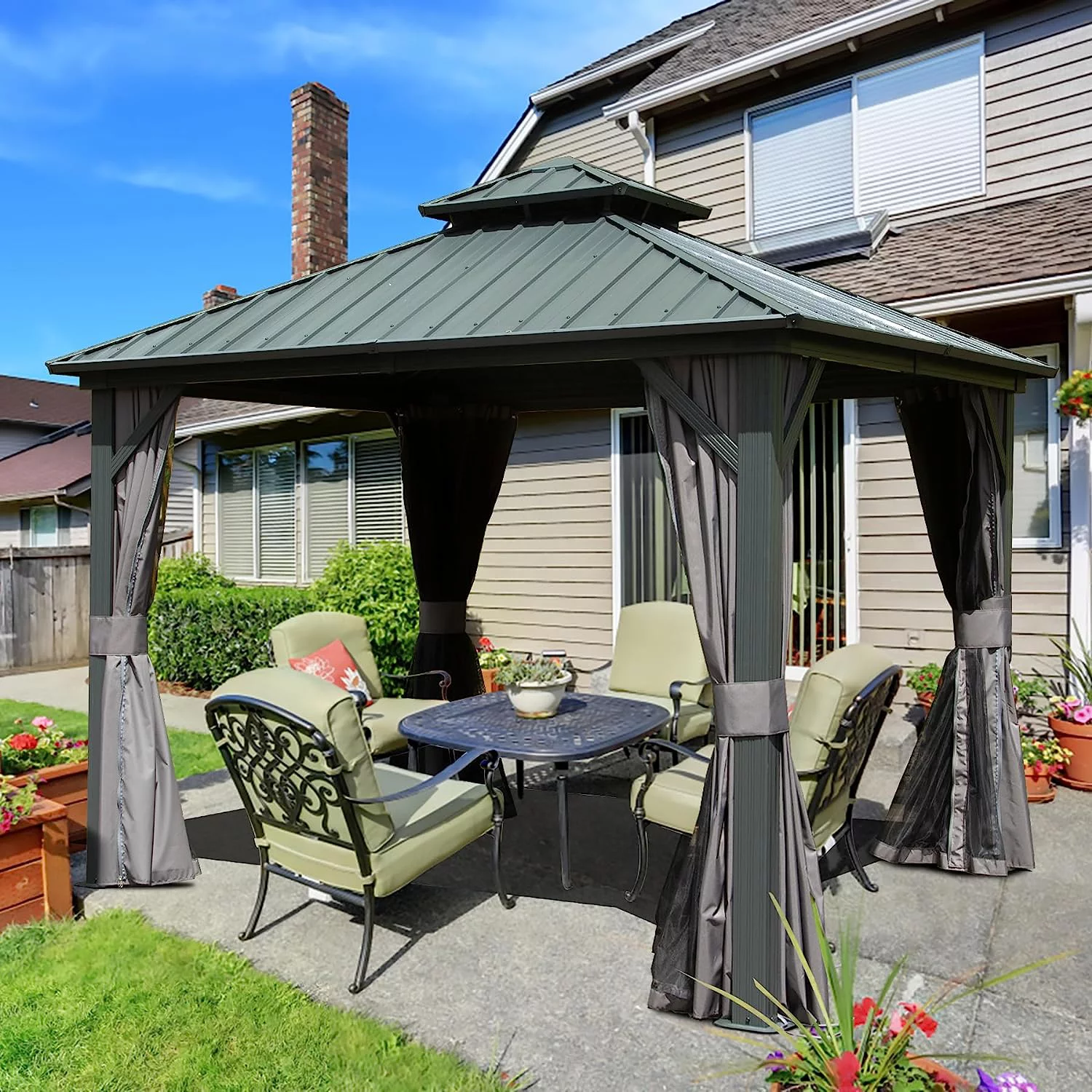 Domi Outdoor Living 10’ x 10’ Hardtop Gazebo Aluminum Frame Canopy with Netting & Curtains