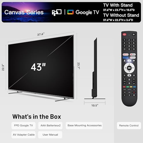 FPD 43 Inch Smart TV Flat Screen Frame LED Television Full HD 1080p Google Cast Built in, Streaming Live Ultra Thin HDR10 Android TV, Bluetooth, Vesa
