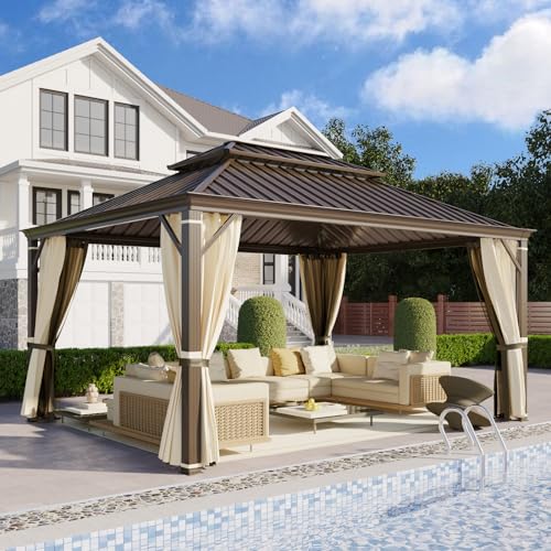 YOLENY 10' x 12' Hardtop Gazebo, Metal Gazebo with Aluminum Frame, Double Galvanized Steel Roof, Curtains and Netting Included